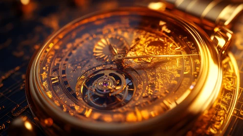 Golden pocket watch glows warmly with intricate clockwork