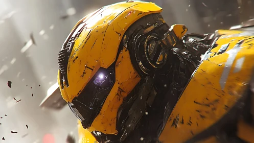3D cybernetic mech portrait with distressed yellow armor shell.