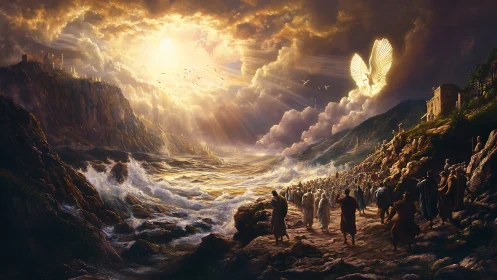 Angel of light parts storm sea before awestruck pilgrims.