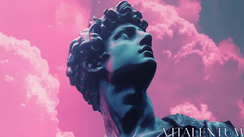 Bold classical statue gazes upward against dreamy pink sky