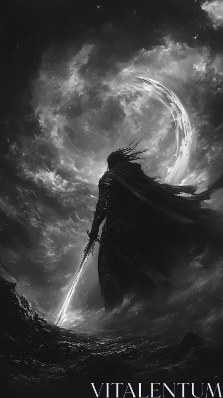 Monochrome dark knight silhouette under crescent vortex sky.