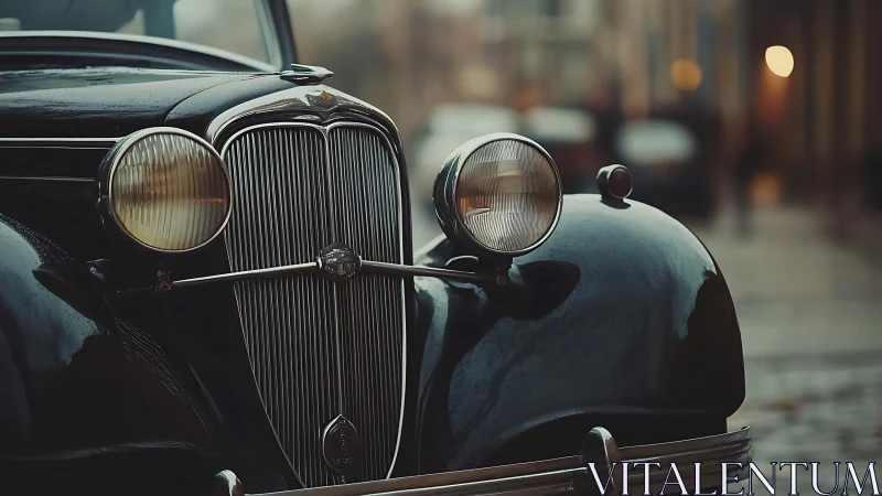 Rain-kissed vintage sedan waiting in golden foggy streets.