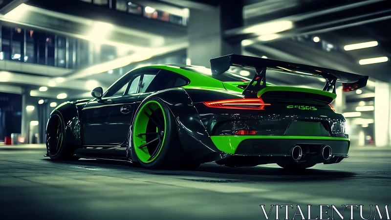 Green and black sports coupe with rear wing in garage.