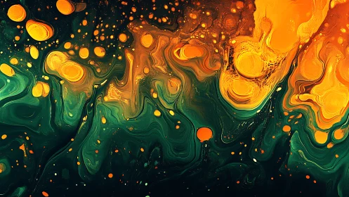Orange fluid shapes flow across dark green swirling background