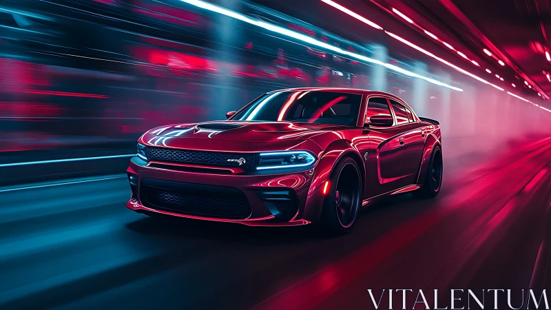 Neon-tuned muscle car storms through electric tunnel night.