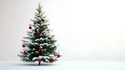 Snow covered Christmas tree with red ornaments outdoors.