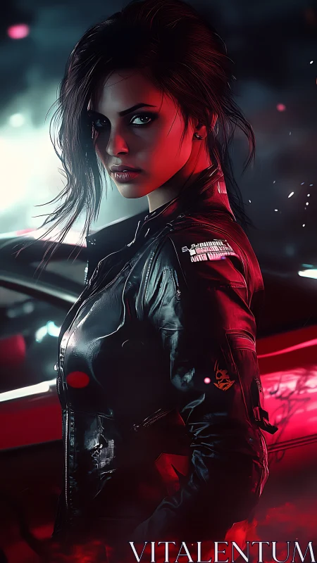 Cyberpunk vigilante stands under neon car lights, poised.