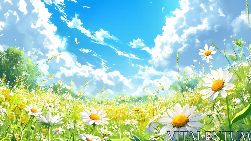 Sunlit chamomile meadow under expansive summer sky.