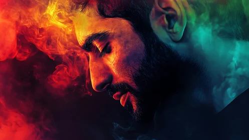 Luminous portrait of pensive man in vibrant colored smoke.