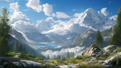 Snow capped mountains over green valley and lake scene.