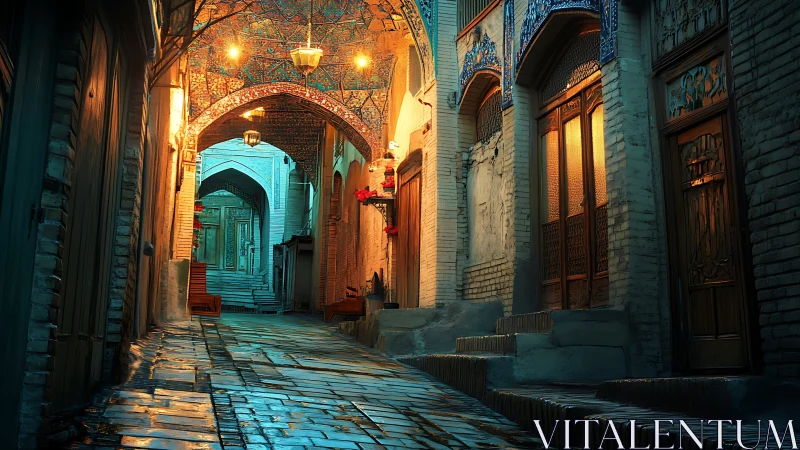 Nocturnal mosaic bazaar corridor with chromatic light gradients.