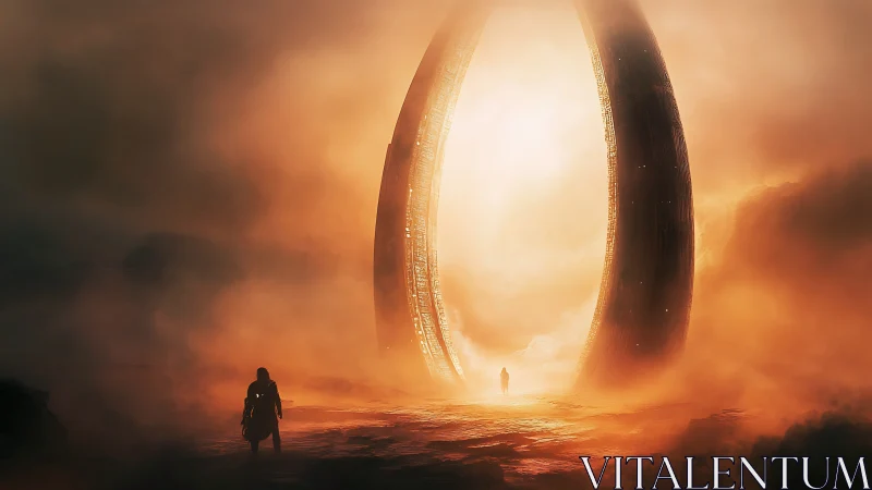 Radiant alien gateway glows as lone travelers step toward destiny