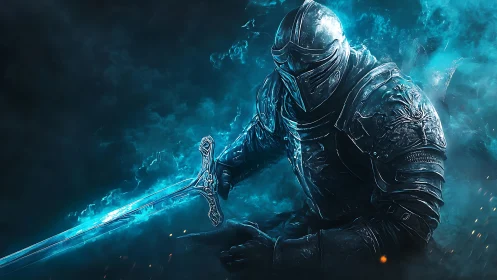 Armored knight poised in cyan mist with glowing blade.