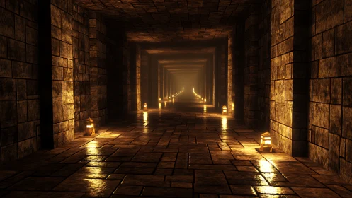 Stone corridor with lanterns and linear perspective depth.