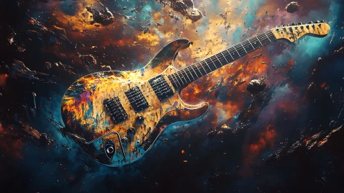 Electric guitar drifting in fiery cosmic nebula space.