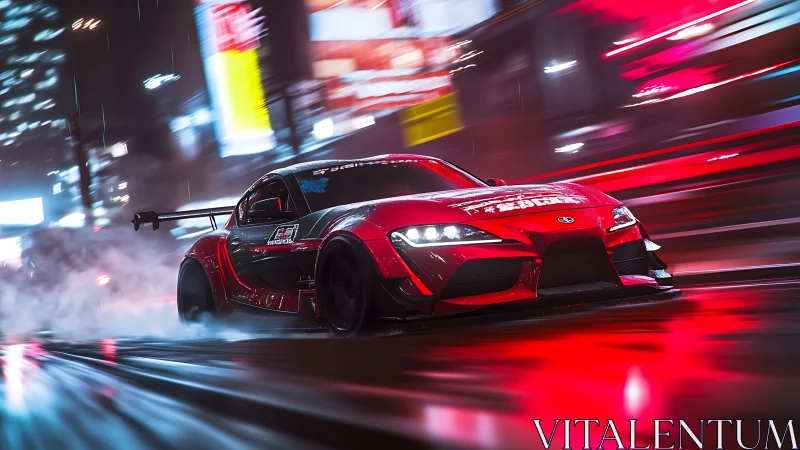 Red tuned sports car drifting through neon city streets.