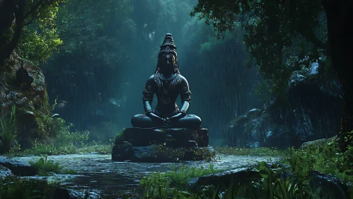 3D meditative Shiva statue in rain-soaked jungle clearing.
