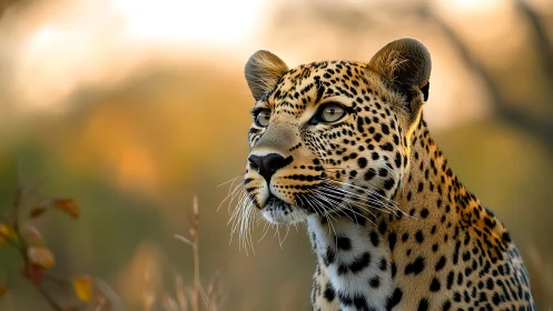 Gentle leopard gazing into golden evening savanna light.