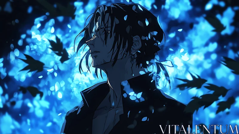 Male figure stands amid blue illuminated foliage at night