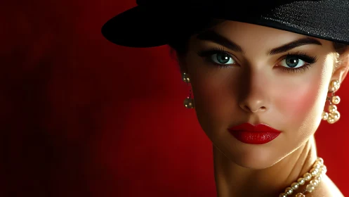 Elegant woman in pearls gazes against deep red backdrop.