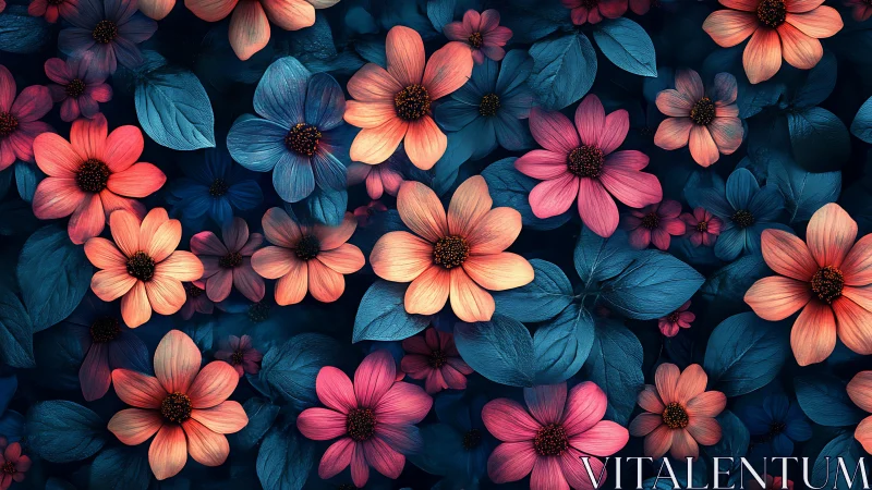 Coral and blue cosmos flowers with deep navy foliage.