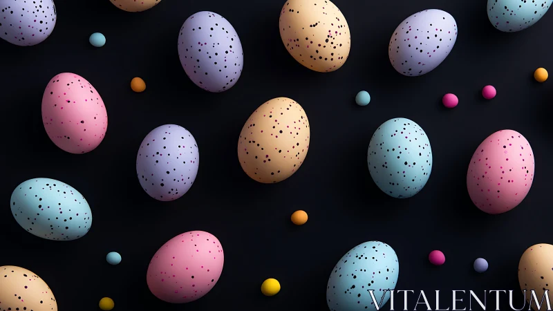 Pastel speckled Easter eggs float on dark minimal backdrop.