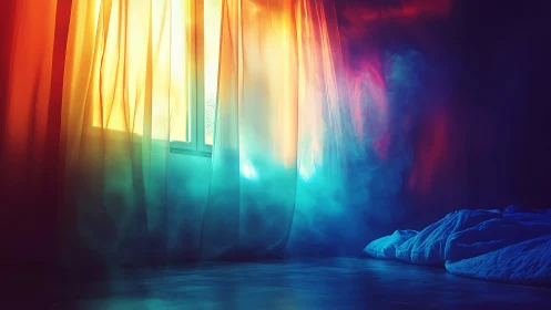 Diffuse spectral light penetrating sheer curtains in dim bedroom