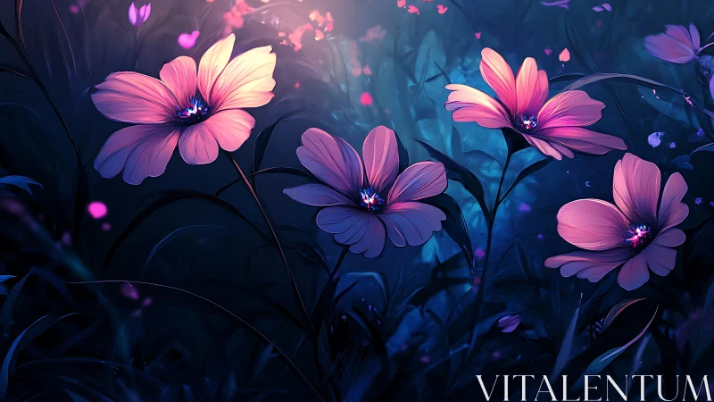 Luminescent Petals Dance Through Electric Twilight Depths