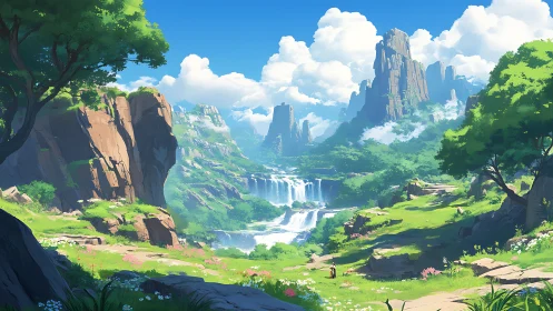Vast fantasy valley with cliffs, waterfalls, and explorers.