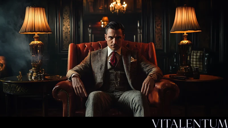Elegant suited man in leather armchair under warm lamplight.