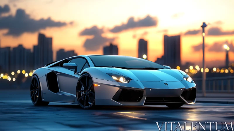 Low-angle supercar portrait captures reflective bodywork at dusk