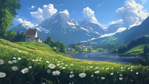 Mountain lake valley with village, houses and flower meadow.