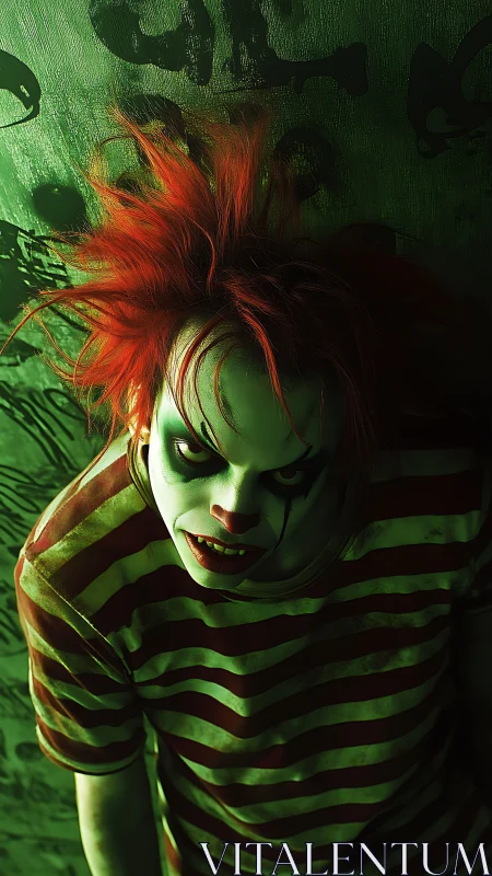 Sinister striped clown stares up in eerie green glow