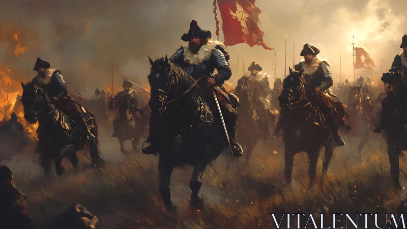 Battle-worn riders push forward through smoke and rising fire