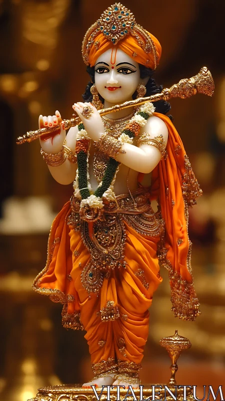 Ornate Krishna statue in orange garments with flute.