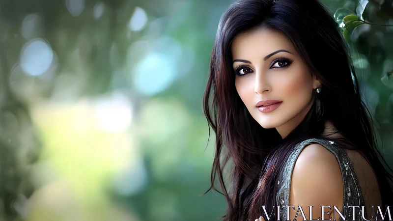 Portrait shows digitally rendered woman against blurred foliage