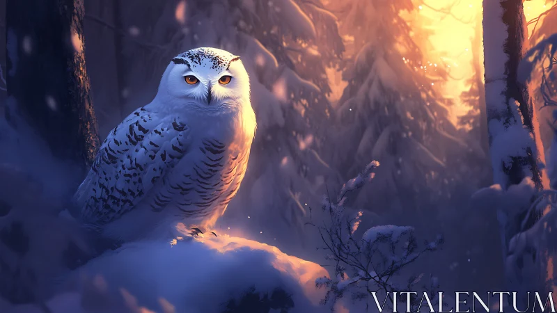 Snowy owl perched in magical winter forest at sunset, digital art.