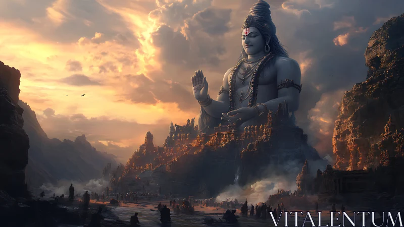 Colossal Shiva temple statue over misty valley at dusk.