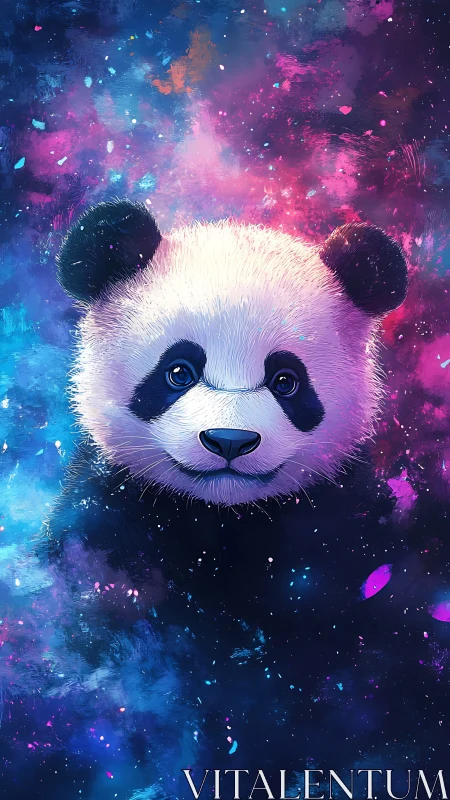 Cosmic chromatic panda portrait with nebular particle field.