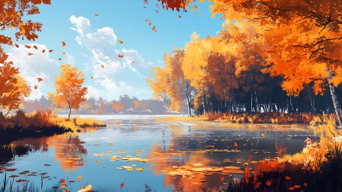 Golden autumn forest reflects across tranquil blue lake