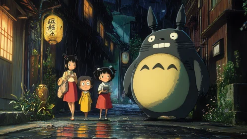 Nocturnal alley convergence of rainlit children and forest avatar.