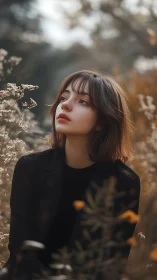 Pensive young woman among autumn wildflowers, soft bokeh field.