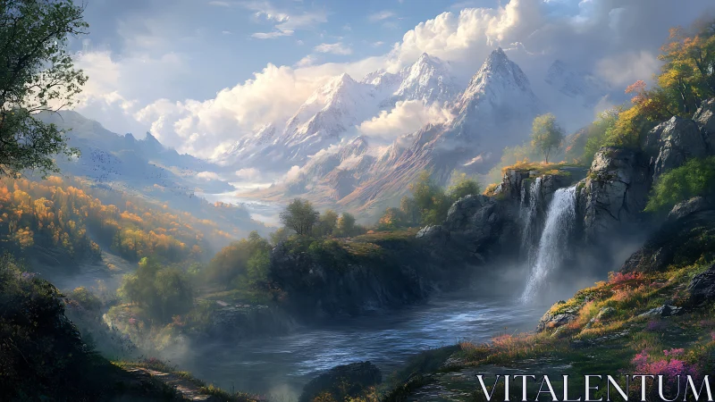 Quiet mountain waterfall where soft light meets misty peaks.