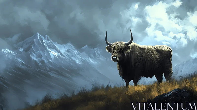 Highland bull stands watch before stormy alpine peaks.