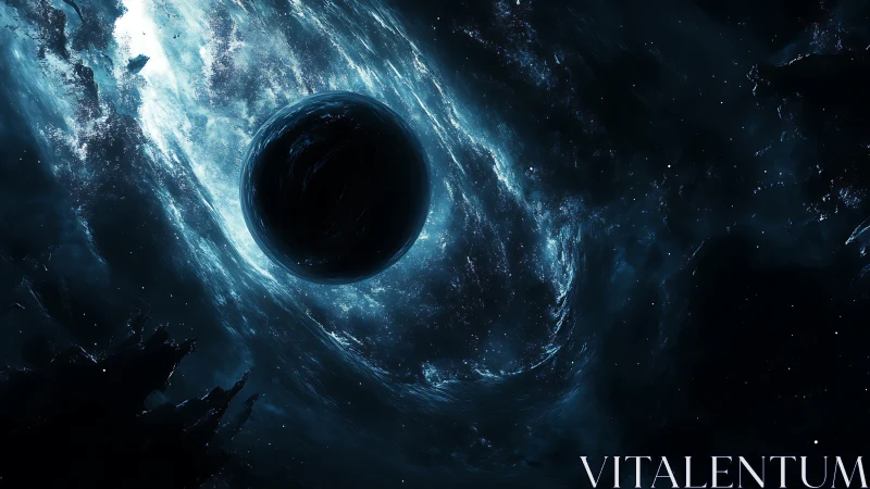 Dark planet silhouette centered in luminous blue nebula