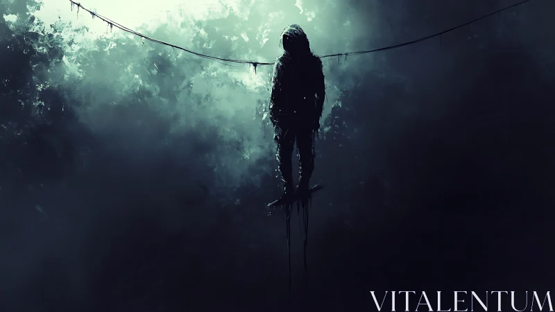 Dark hooded figure suspended in eerie misty night sky.