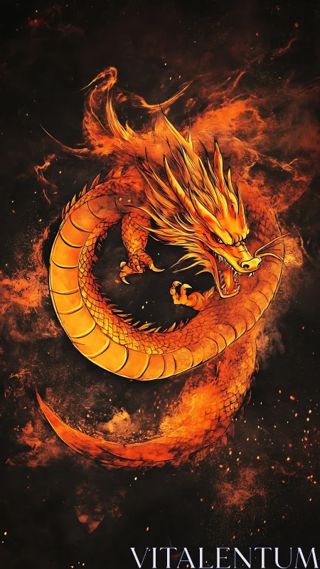 Fiery golden dragon swirling through a storm of glowing embers.