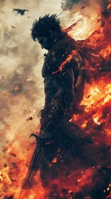 Armored warrior silhouette stands amid rising digital flames