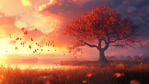 Solitary autumn tree glows beside a tranquil lakeside sunset.