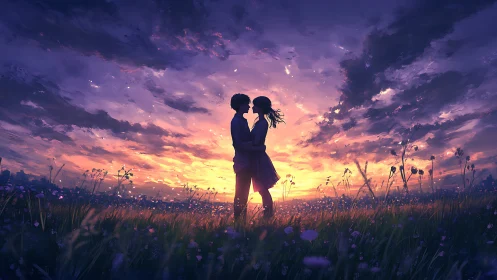 Couple Silhouette in Wildflower Field at Sunset